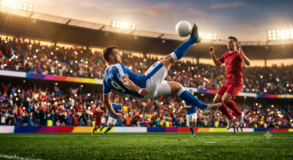 Ilustrasi pemain melakukan bicycle kick atau tendangan salto di udara