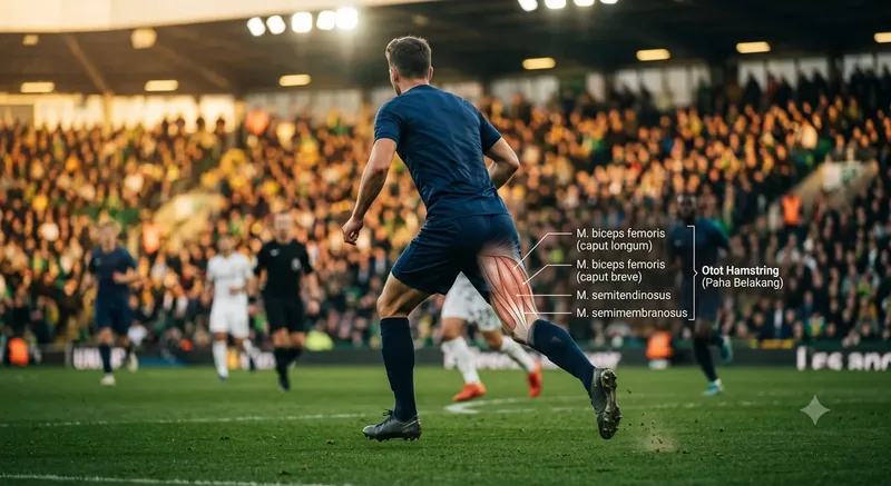 Ilustrasi anatomi otot hamstring di bagian belakang paha pemain sepak bola