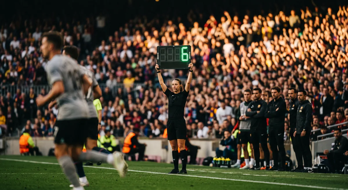 Wasit keempat menunjukkan papan injury time di tepi lapangan