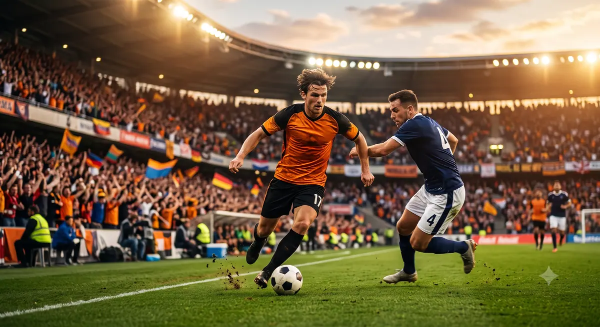 Ilustrasi winger membawa bola dalam duel satu lawan satu di sisi lapangan