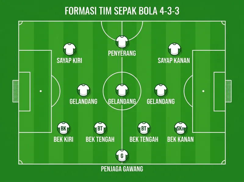Diagram formasi sepak bola 4-3-3 menunjukkan posisi 11 pemain di lapangan