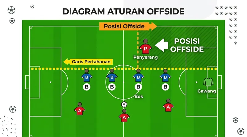 Ilustrasi posisi offside dalam sepak bola dengan penjelasan garis pemain bertahan terakhir
