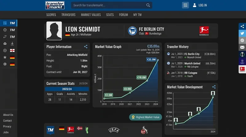 Tampilan halaman profil pemain di Transfermarkt yang menunjukkan nilai pasar dan riwayat transfer