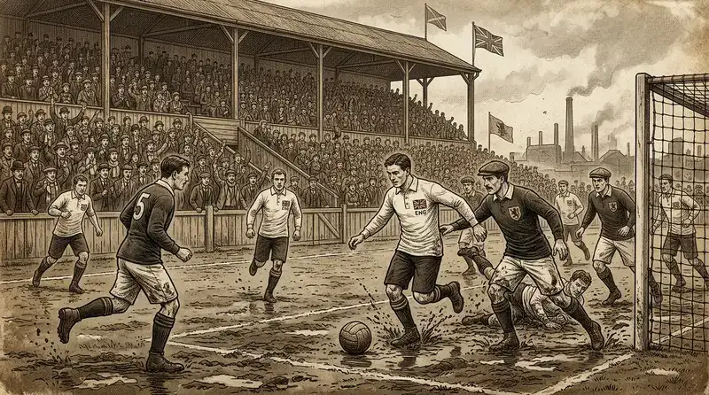 Ilustrasi pertandingan sepak bola era awal 1900-an dengan pemain berseragam klasik di lapangan berlumpur