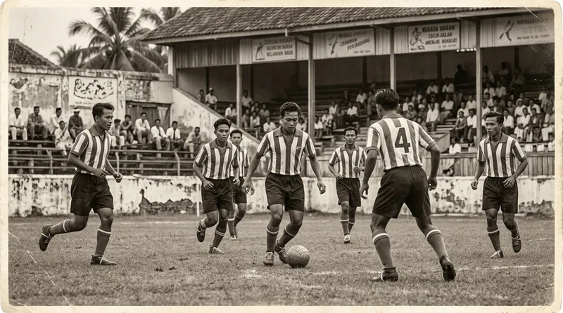 Ilustrasi sejarah sepak bola Indonesia menampilkan jersey Timnas dan stadion bersejarah